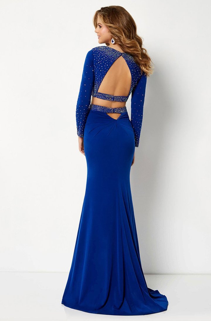 Studio 17 - 12665SC Jewel Studded Long Sleeve Croptop Jersey Gown