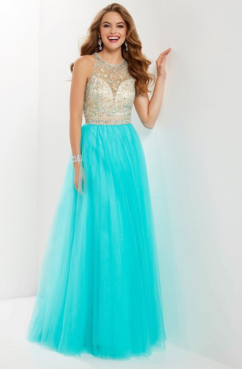 Studio 17 - 12667 Illusion Jewel Crystal Festooned Tulle Gown In Green