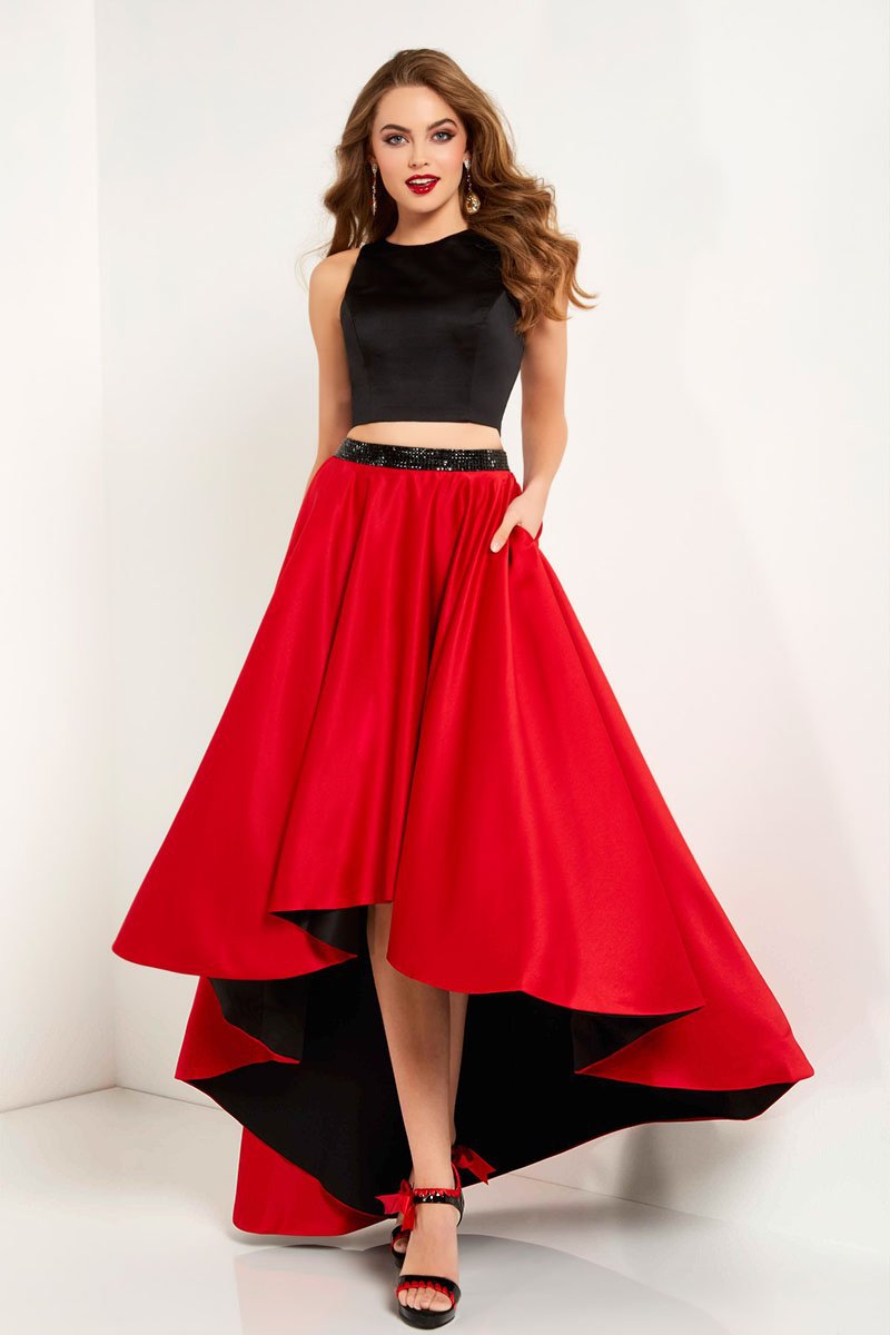 Studio 17 - 12671 Two Piece Satin Beaded High Low A-line Dress In Red and Black