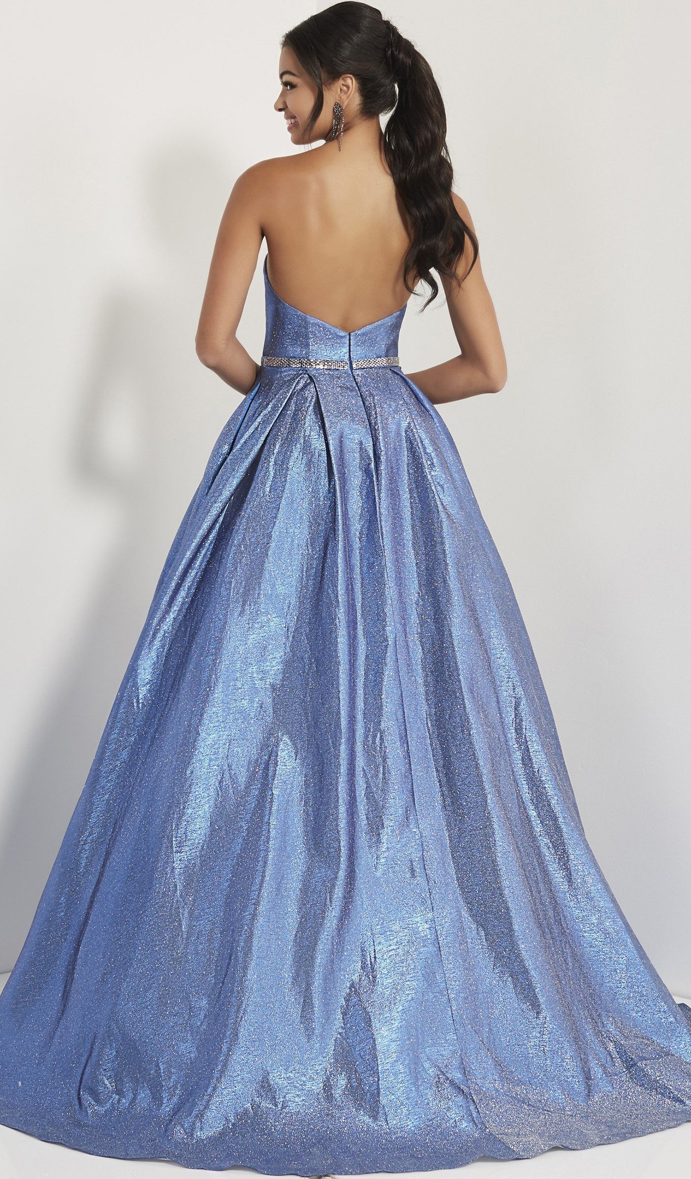 Studio 17 - 12714 Plunging Sweetheart Beaded Metallic Satin Ballgown In Blue and Silver