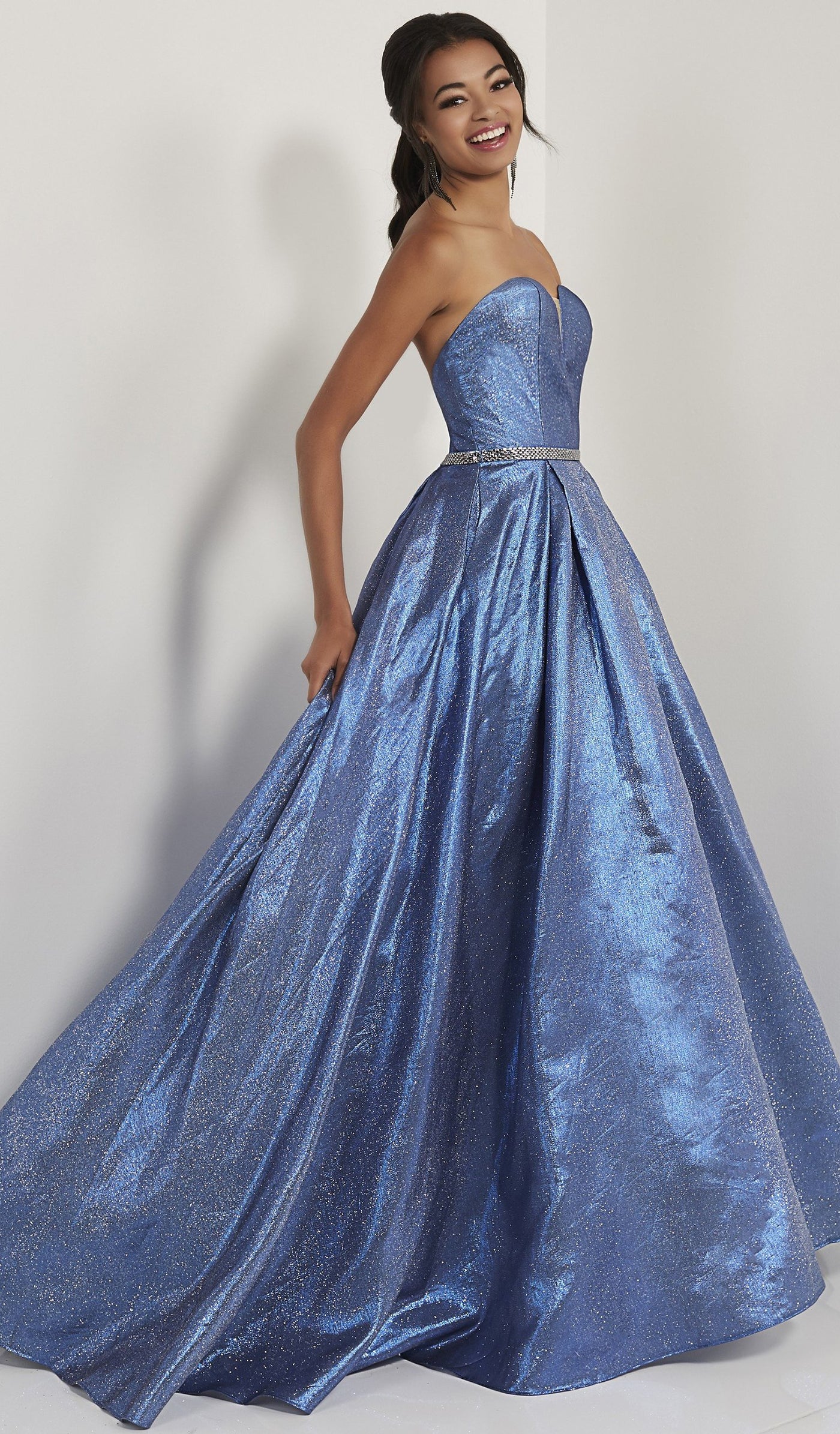 Studio 17 - 12714 Plunging Sweetheart Beaded Metallic Satin Ballgown In Blue and Silver