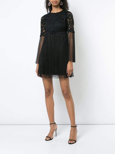 Aidan Mattox - MN1E202454 Floral Lace Long Sleeve Pleated A-line Dress In Black