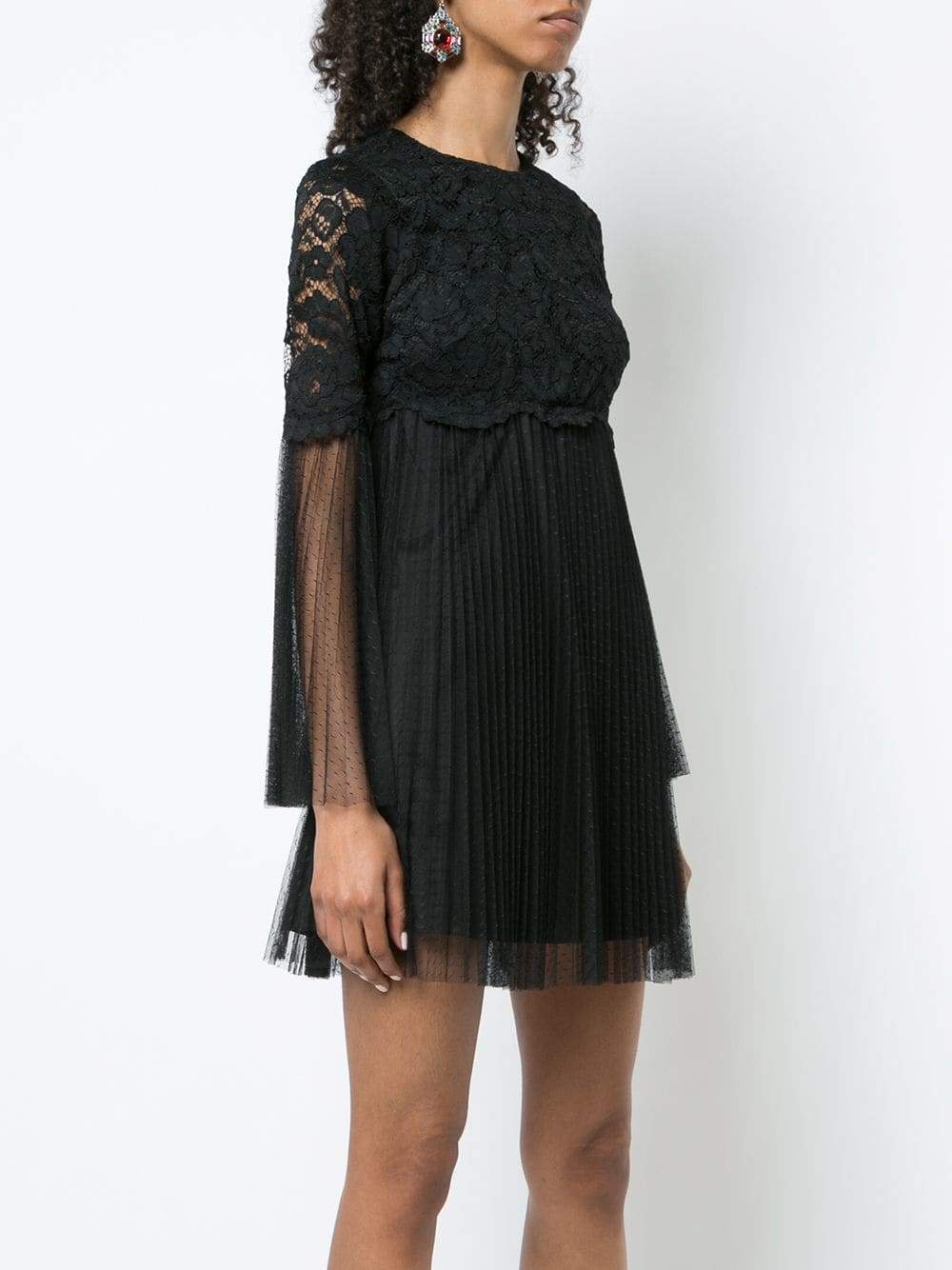 Aidan Mattox - MN1E202454 Floral Lace Long Sleeve Pleated A-line Dress In Black