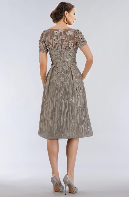 Gia Franco - 12950 Short Sleeve Floral Appliqued A-Line Dress In Gray