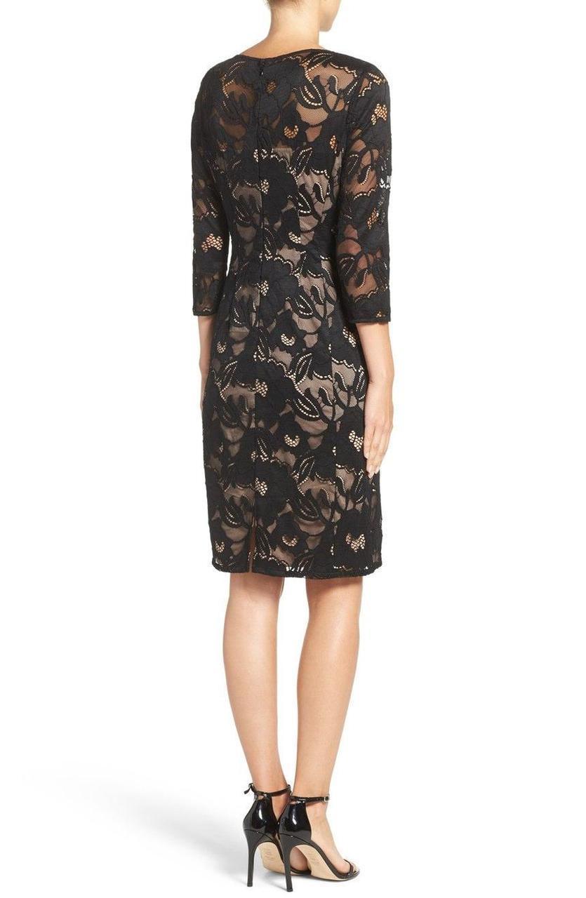 Adrianna Papell - Quarter Sleeve Floral Lace Illusion Dress in Black and Pink
