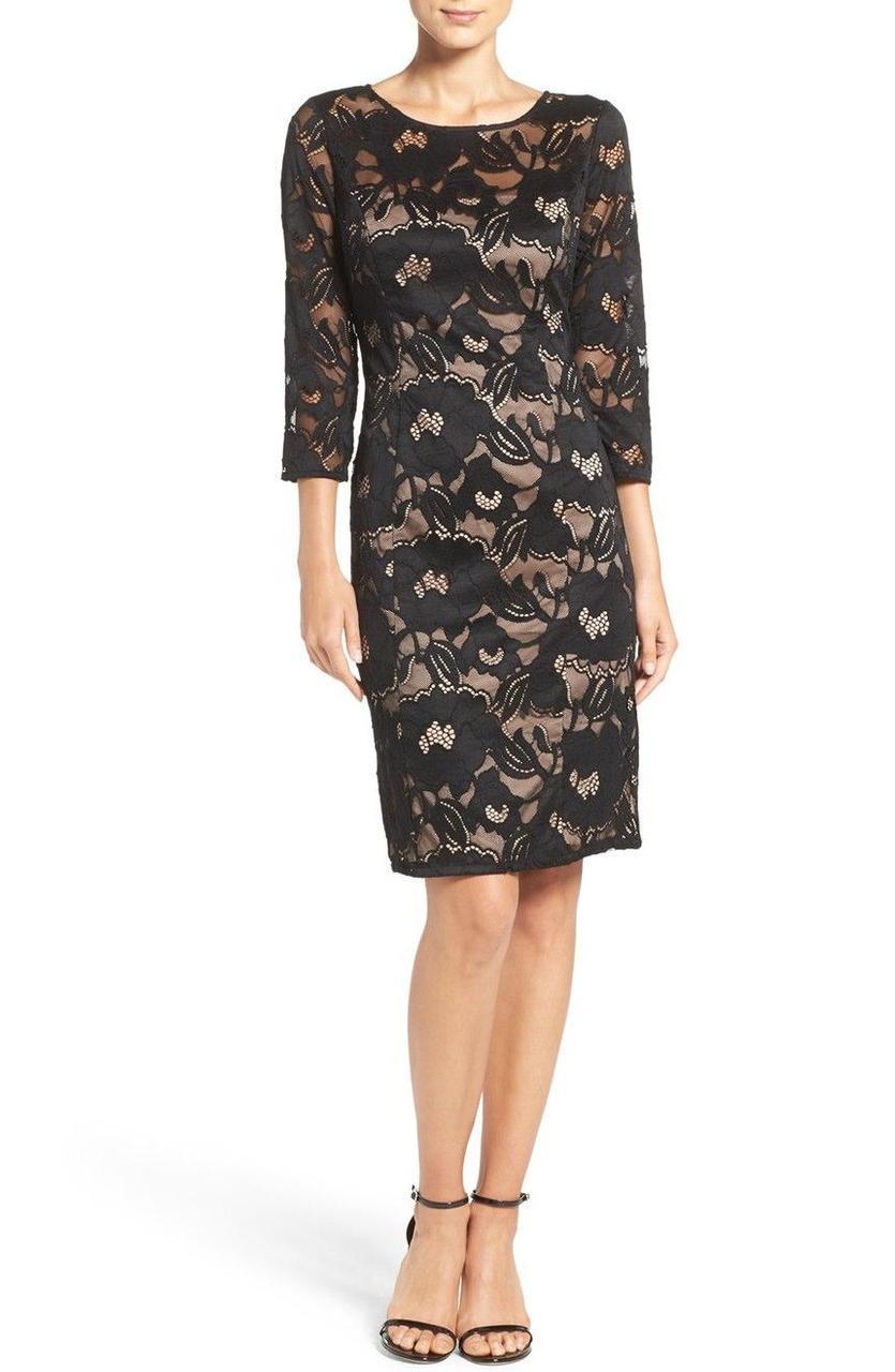 Adrianna Papell - Quarter Sleeve Floral Lace Illusion Dress in Black and Pink