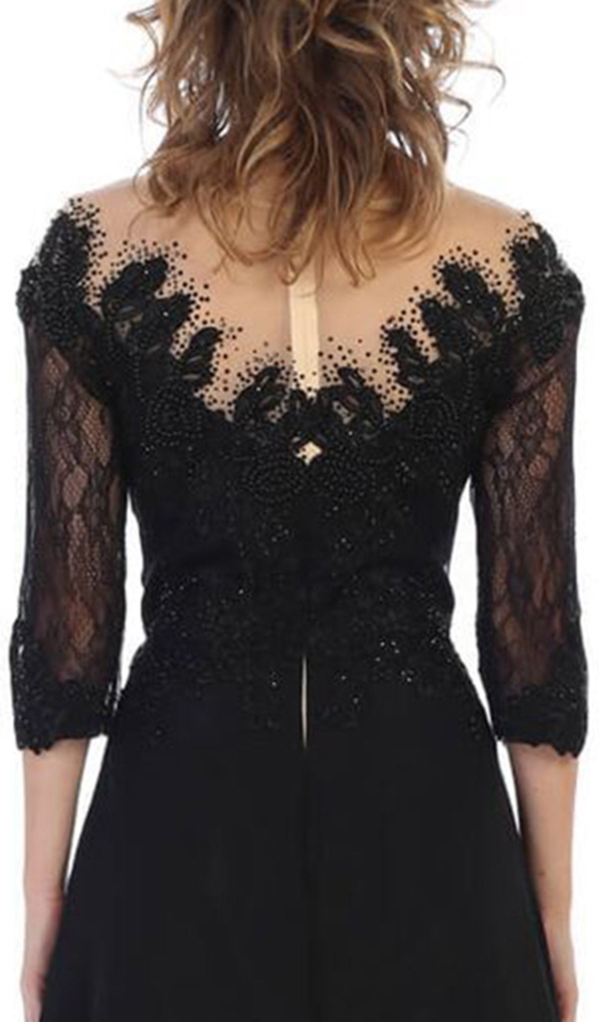 May Queen - MQ1617 Beaded Lace Illusion Bateau Dress In Black