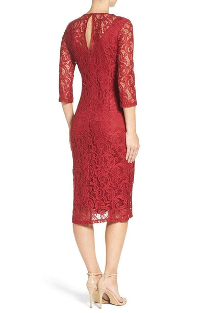 London Times - L2027M Embellished Illusion Lace Dress in Red