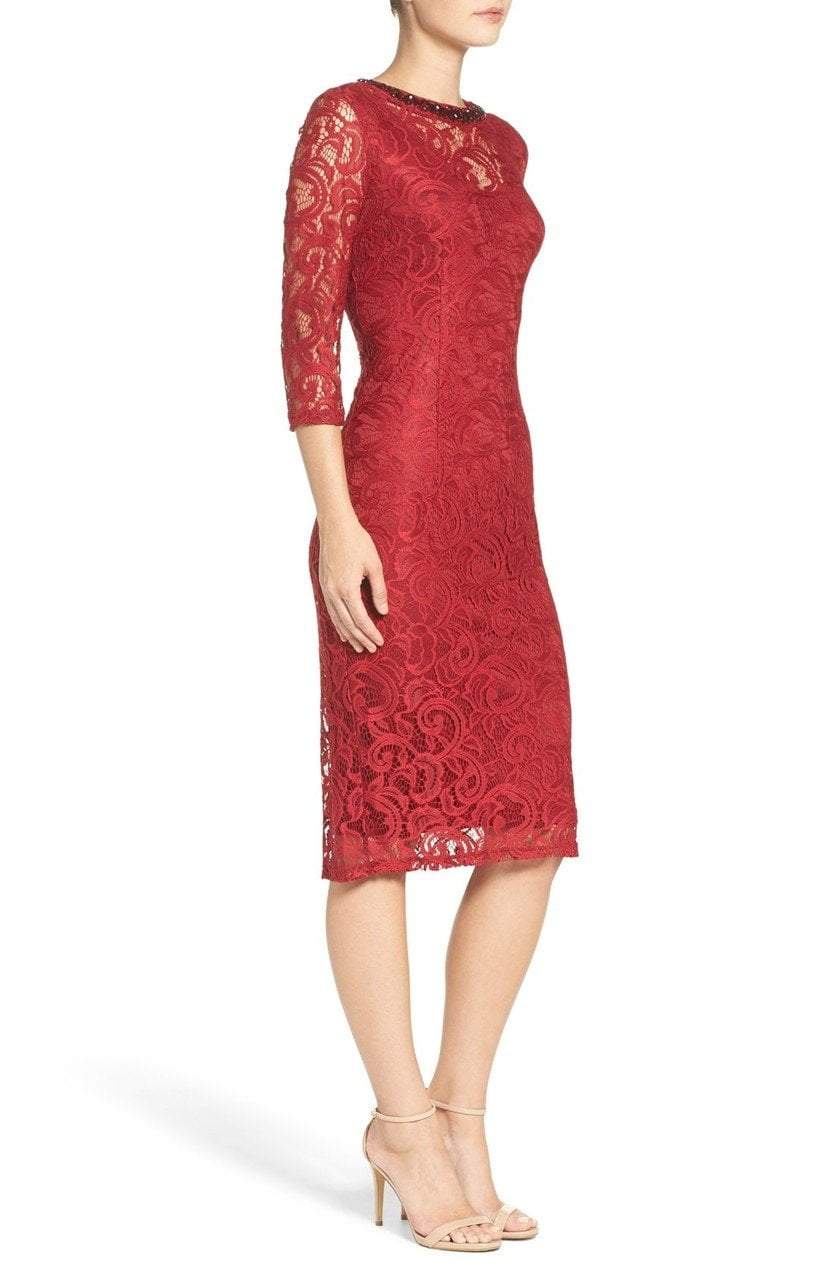 London Times - L2027M Embellished Illusion Lace Dress in Red