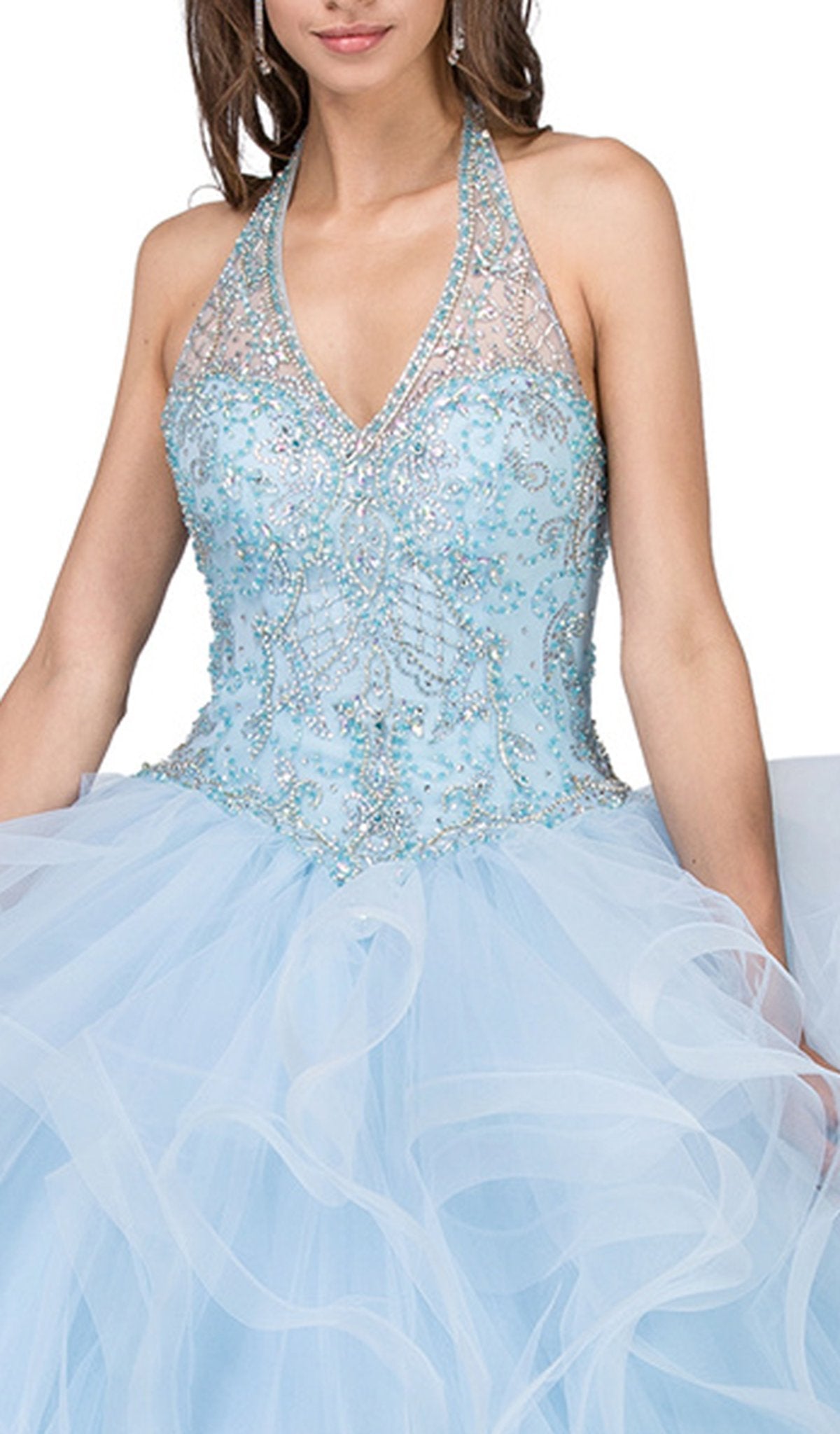 Dancing Queen - 1305 Embellished Halter V-neck Layered Ruffle Ballgown In Blue