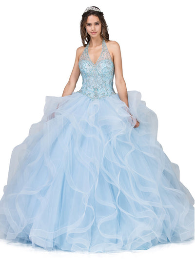 Dancing Queen - 1305 Embellished Halter V-neck Layered Ruffle Ballgown In Blue