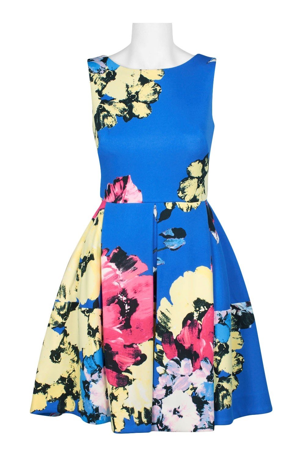 Taylor - 1307M Sleeveless Floral Print Fit and Flare Short Scuba Dress In Blue and Floral