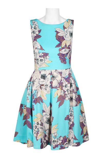 Taylor - 1308M Floral Print Scuba Pleated A-line Dress In Green and Multi-Color