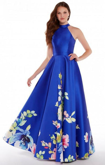 Alyce Paris - 1309 Halter Neck Floral Print A-line Dress In Blue and Print