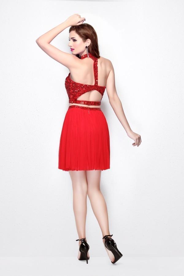 Primavera Couture - 1315 Beaded Halter Neck Two-Piece Dress in Red