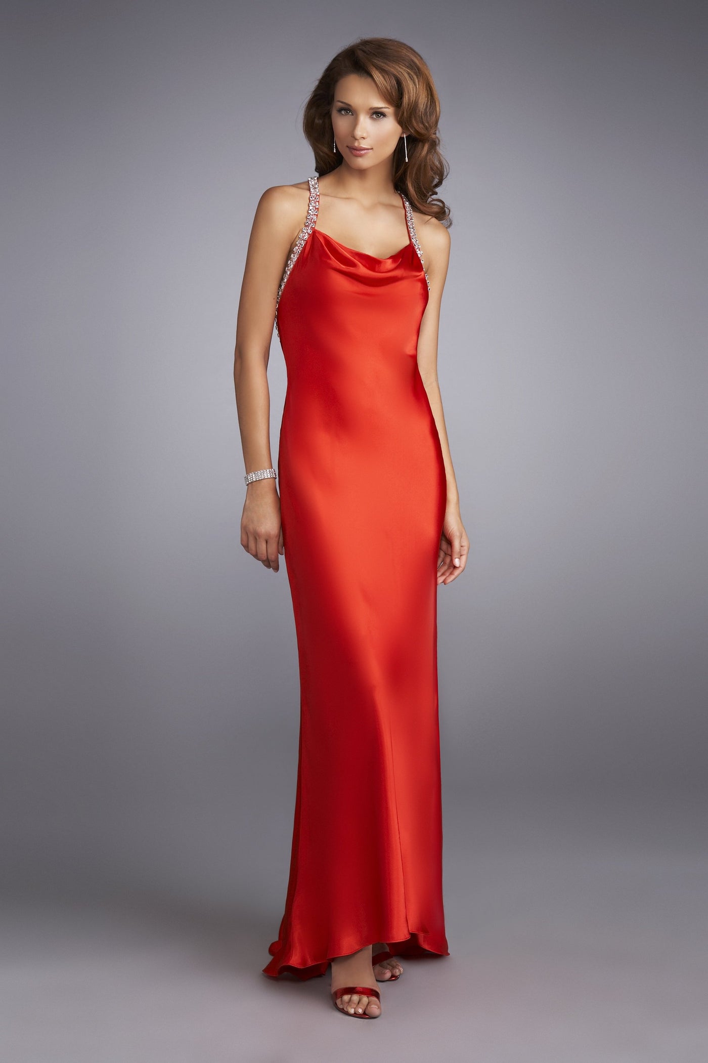 La Femme - 13186 Bejeweled Strap Cowl Neck Sheath Dress in Red