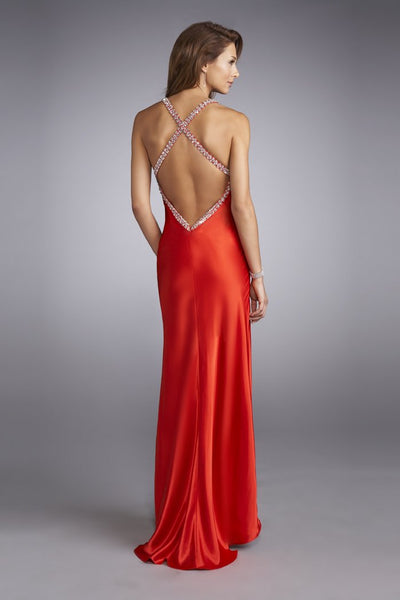 La Femme - 13186 Bejeweled Strap Cowl Neck Sheath Dress in Red