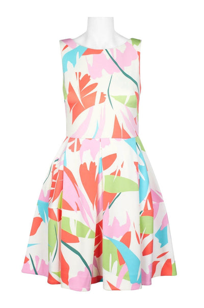 Taylor - 1318M Printed Bateau Pleated A-line Dress In White and Orange