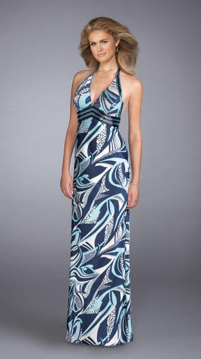 La Femme - Dazzling Sequined V-Neck Column Dress 13385 in Blue and Multi-Color