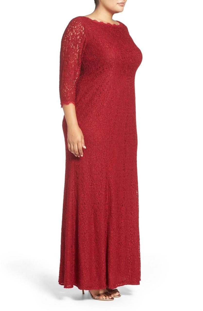 Adrianna Papell 91879131 - Long Lace Sheath Dress - Quarter Length Sleeves, Scalloped Bateau Neckline, Seams, Full Length, V Back, Back Zipper Closure ADASA Adrianna Papell 91879131 - Long Lace Sheath Dress - Quarter Length Sleeves, Scalloped Bateau Neckline, Seams, Full Length, V Back, Back Zipper Closure ADASA