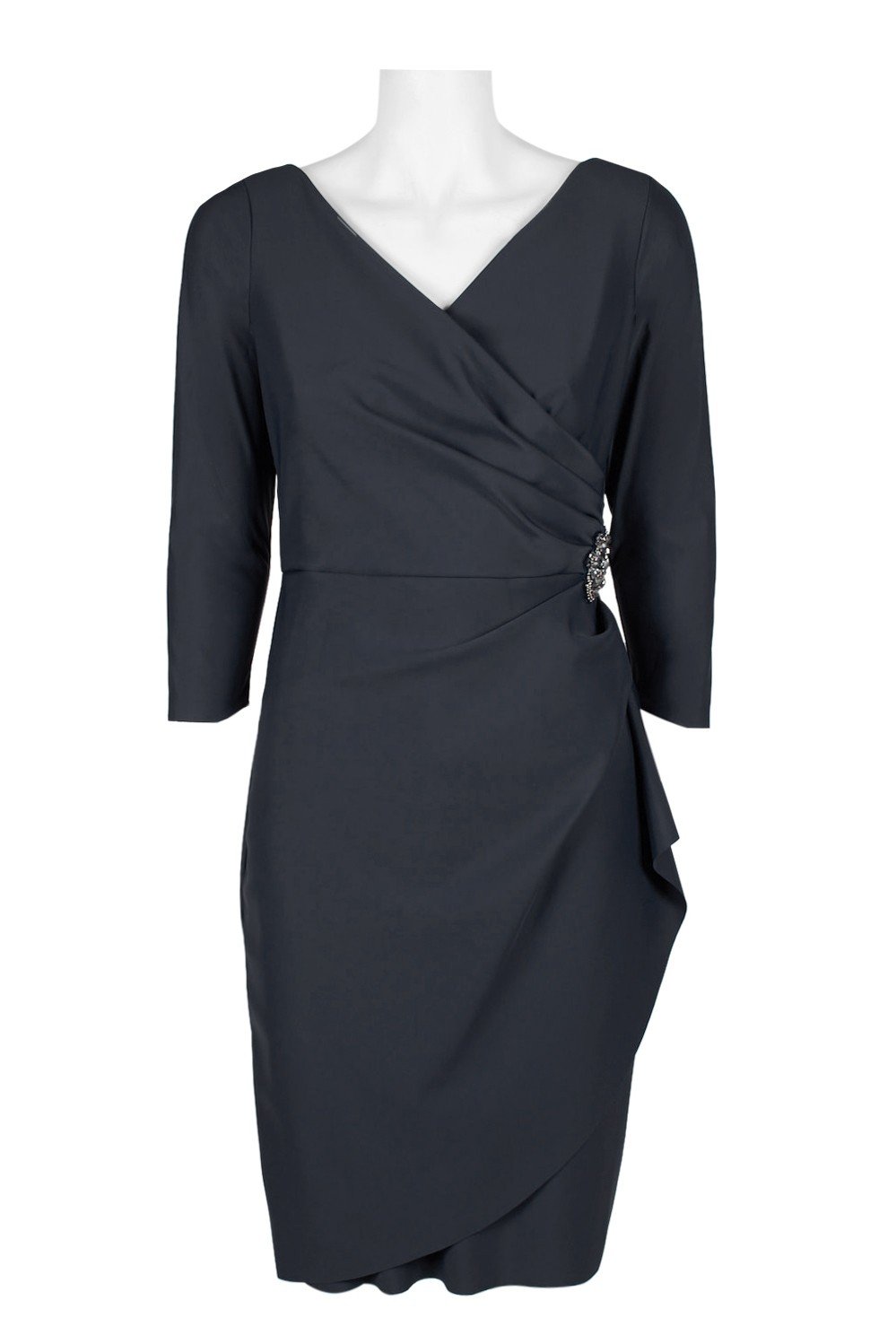 Alex Evenings 134134 - Short Sheath Dress - Quarter Length Sleeves, Scuba, Wrapped Bodice, Beading, Sheath Skirt, V-Back, Back Zipper ADASA Alex Evenings 134134 - Short Sheath Dress - Quarter Length Sleeves, Scuba, Wrapped Bodice, Beading, Sheath Skirt, V-Back, Back Zipper ADASA