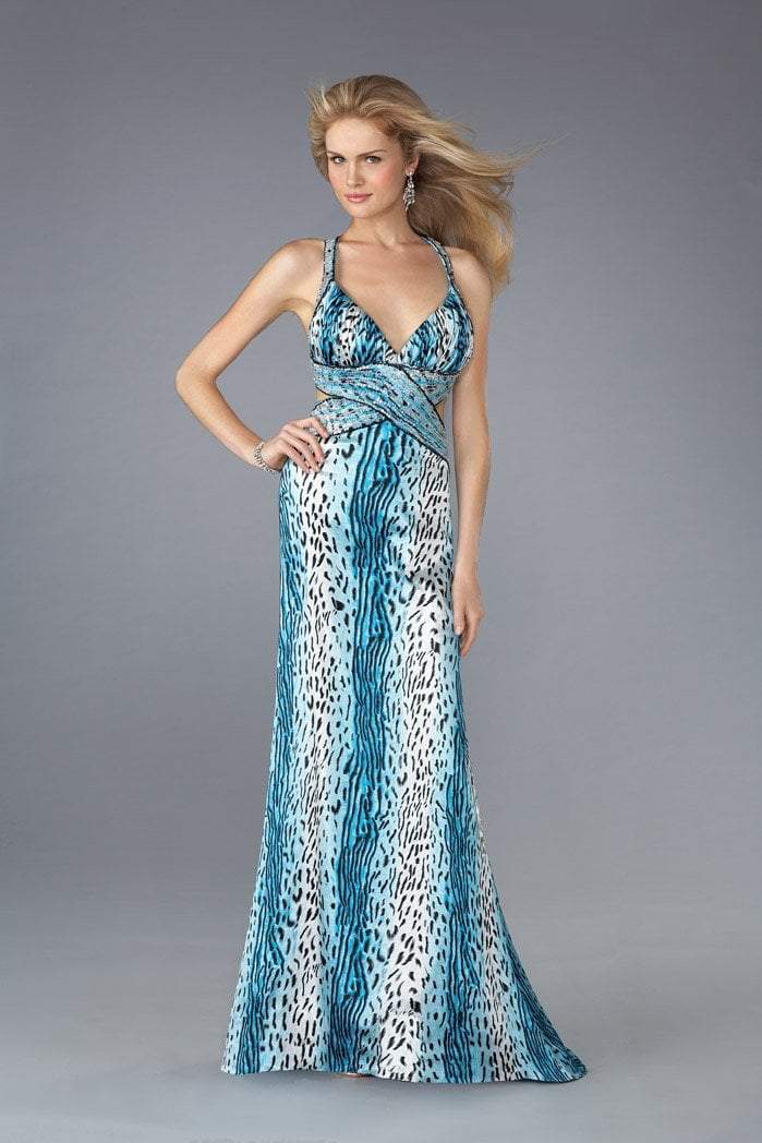 La Femme - Sleeveless Multi-Colored Bodice V-neck Dress 13453