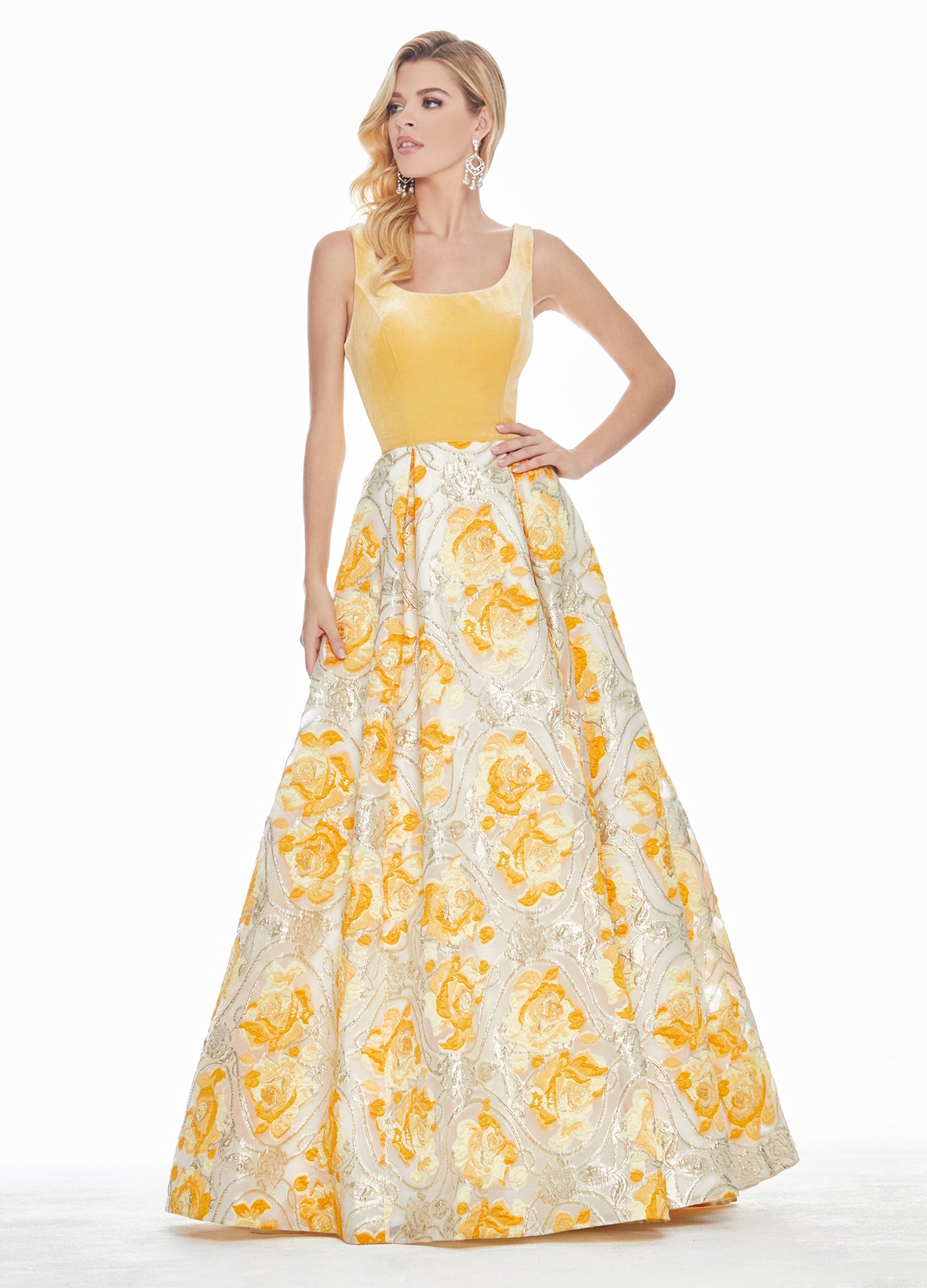 Ashley Lauren - 1345SC Sleeveless Floral Metallic Brocade Ballgown In Yellow