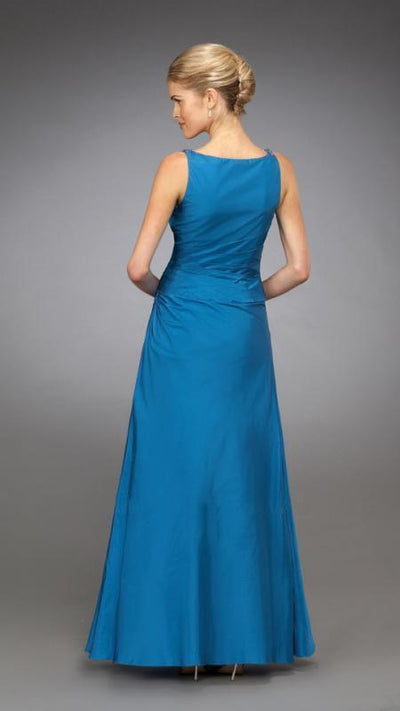 La Femme - Embellished Ruched V-neck A-line Dress 13673 In Blue