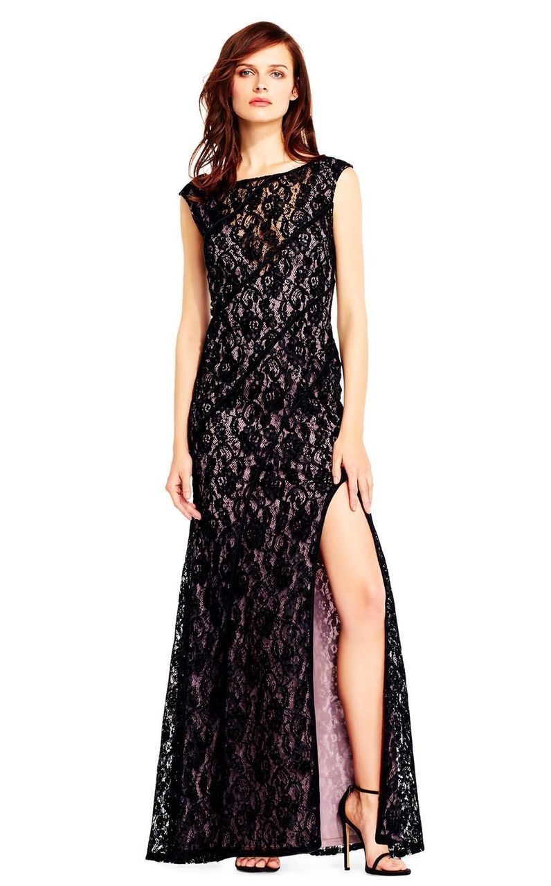 Aidan Mattox - MD1E201455 Illusion V-Neck Floral Lace Evening Gown in Black