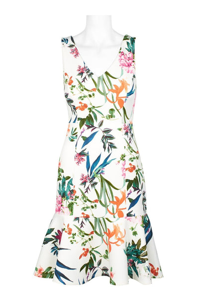 Taylor - 1380M Floral Print Scuba V-neck A-line Dress In White and Multi-Color