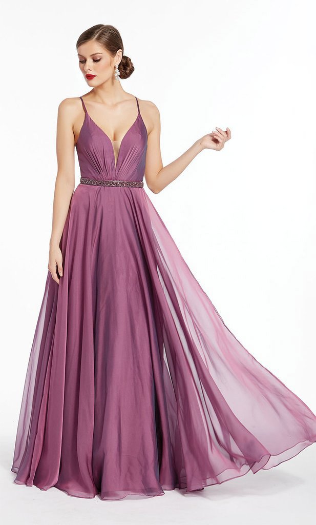 Alyce Paris - 1383 Ruched Plunging V-Neck A-Line Dress In Purple