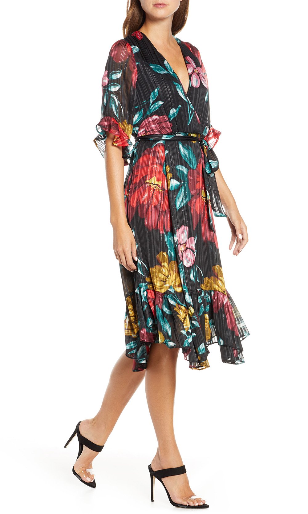 Maison Tara - 91125M Tea Length Floral Metallic Wrap Style Dress In Floral and Multi-Color