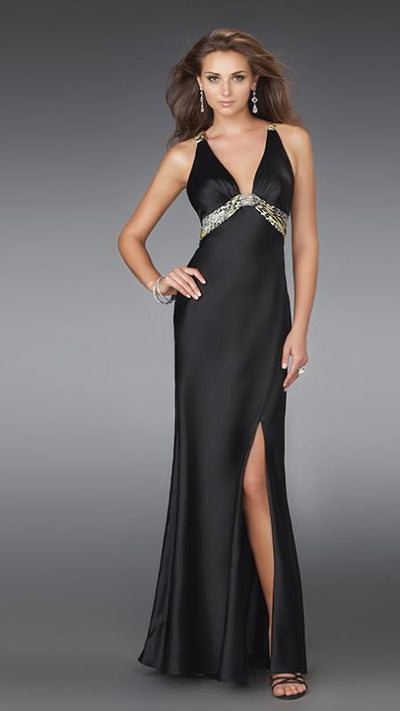 La Femme - Long silk Prom dress with Printed belt and back design 14196 in Black