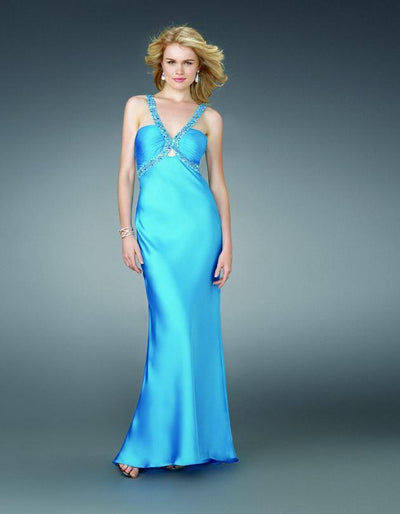 La Femme - 14345 Beaded V-Neckline Crisscross Back Satin Gown In Blue
