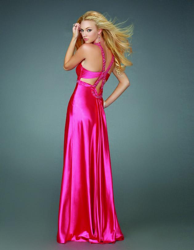 La Femme - 14345 Beaded V-Neckline Crisscross Back Satin Gown In Pink