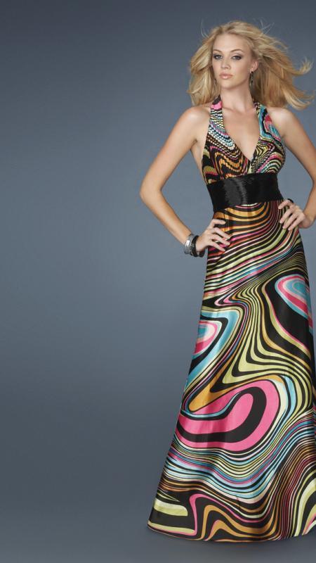 La Femme - Long Haltered Gown in Optical Multi-color Print 14369 in Black and Multi-Color