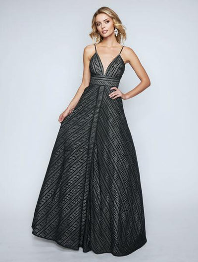Nina Canacci - 1438 Striped Lace Plunging A-Line Gown In Black
