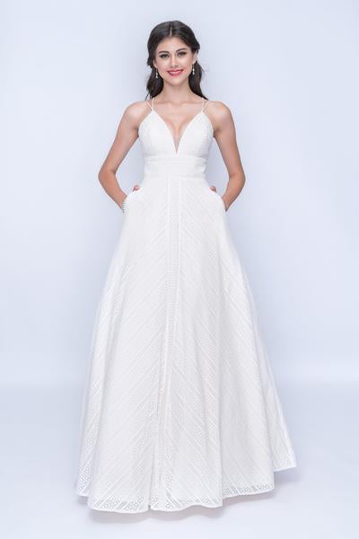 Nina Canacci - 1438 Striped Lace Plunging A-Line Gown In Ivory