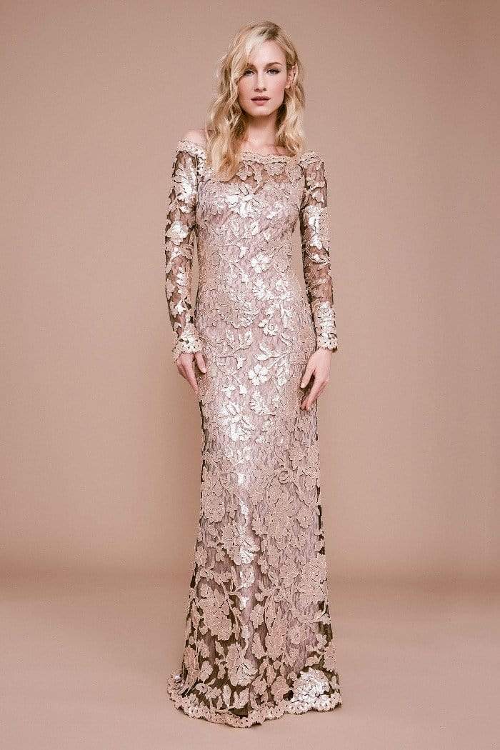 Tadashi Shoji - Ophelia Long-Sleeve Metallic Embroidered Gown In Neutral and Pink