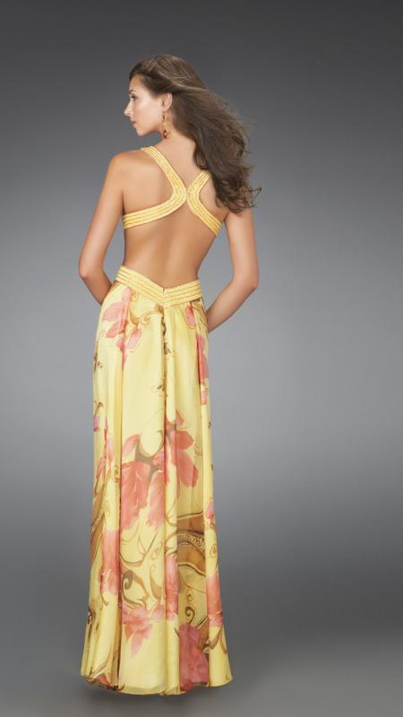 La Femme - Long Printed Dress with Cut Outs 14529 in Yellow