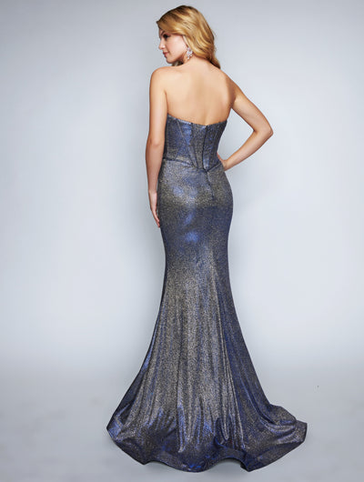 Nina Canacci - 1453 Strapless Corset Metallic Mermaid Gown In Silver and Blue