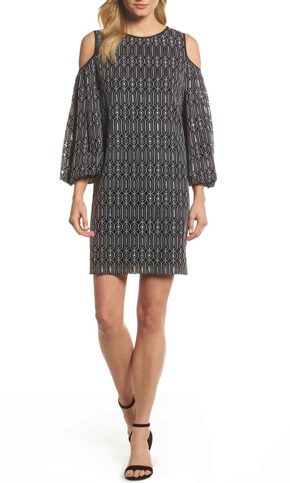 Maggy London - G3231M Cold Shoulder Bishop Sleeve Geo-Lace Print Dress In Black and Print