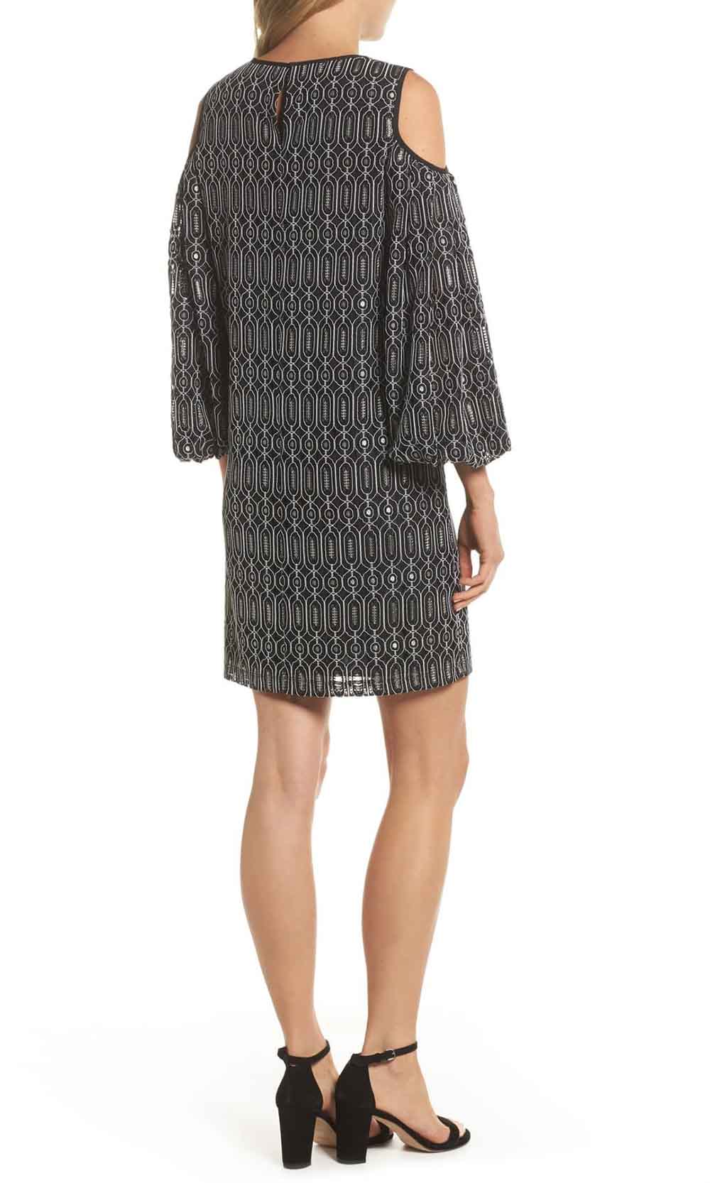 Maggy London - G3231M Cold Shoulder Bishop Sleeve Geo-Lace Print Dress In Black and Print