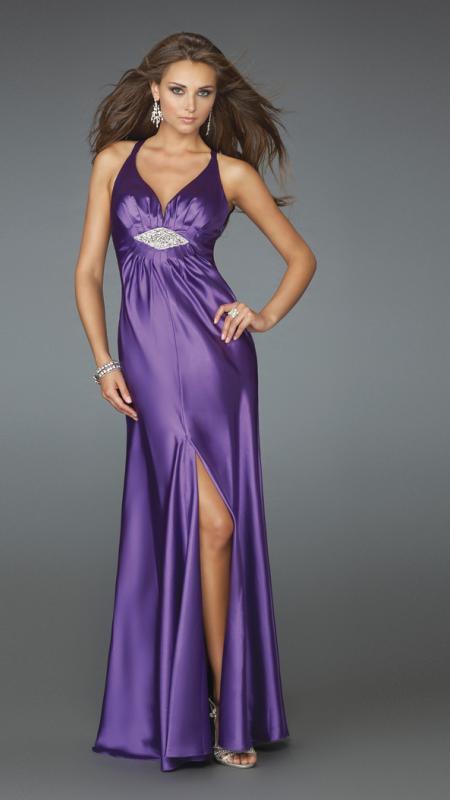 La Femme - Resplendent Halter-Style Sheath Gown with Center Slit 14600 In Purple