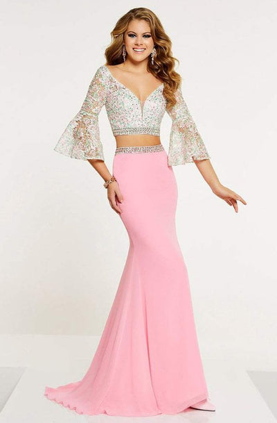 Panoply - 14883 Two Piece Beaded Lace Belle Sleeve Dress In Pink and Multi-Color