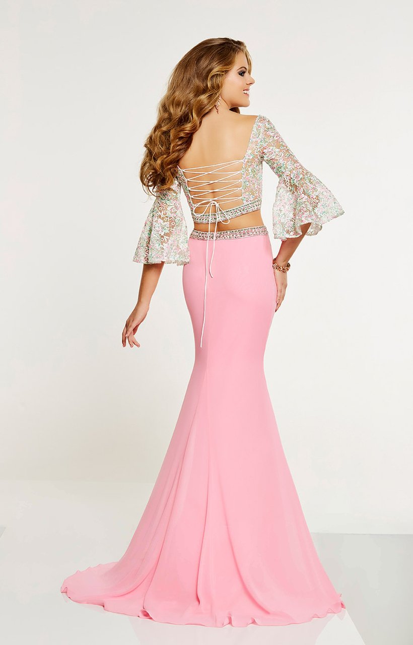 Panoply - 14883 Two Piece Beaded Lace Belle Sleeve Dress In Pink and Multi-Color