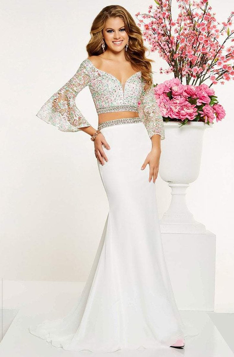 Panoply - 14883 Two Piece Beaded Lace Belle Sleeve Dress In White and Multi-Color