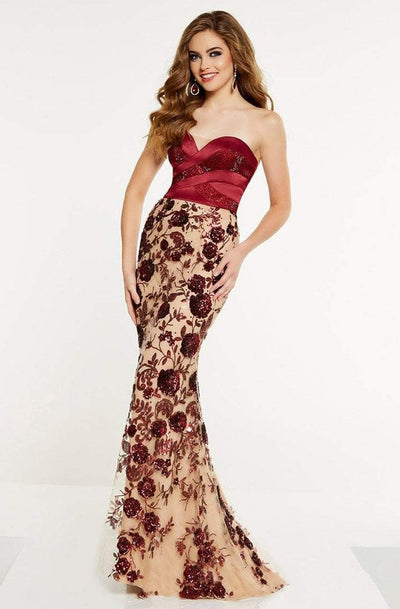 Panoply - 14884 Floral Strapless Fitted Evening Gown In Red and Neutral