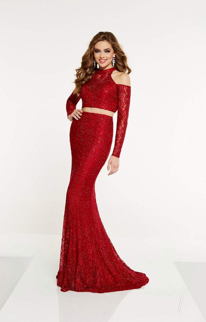 Panoply - 14888 Two Piece High Neck Cold Shoulder Evening Dress In Red