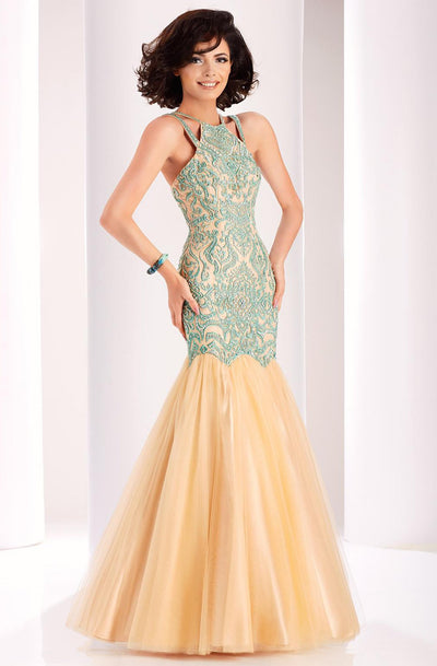 Clarisse - 4856 Beaded Ruffled Mermaid Gown in Green and Neutral